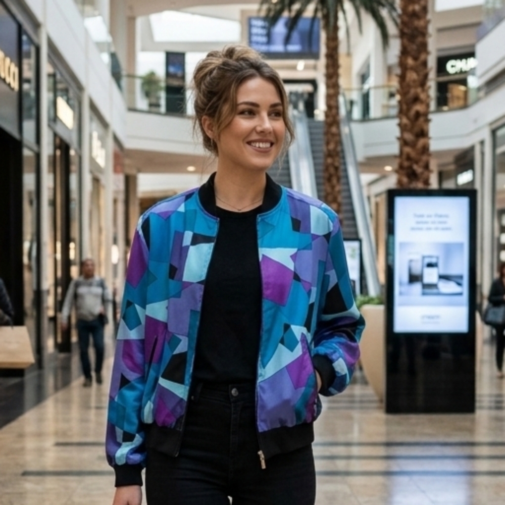Geometric Print Bomber Jacket in Blue & Purple